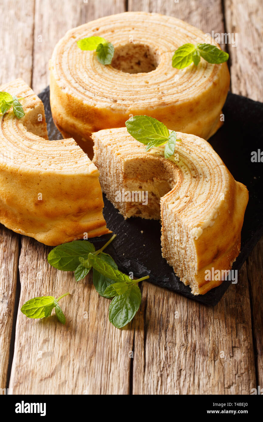 Sakotis, raguolis, sekacz deliziosi piatti polacchi e lituani torta decorata con la menta vicino sul piano verticale. Foto Stock