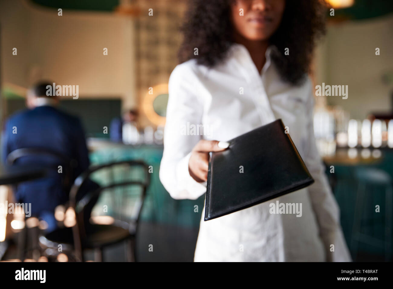 Cameriere occupato Cocktail Bar del ristorante con i clienti in telecamera Foto Stock Cameriere occupato Cocktail Bar del ristorante con i clienti in telecamera Foto Stock