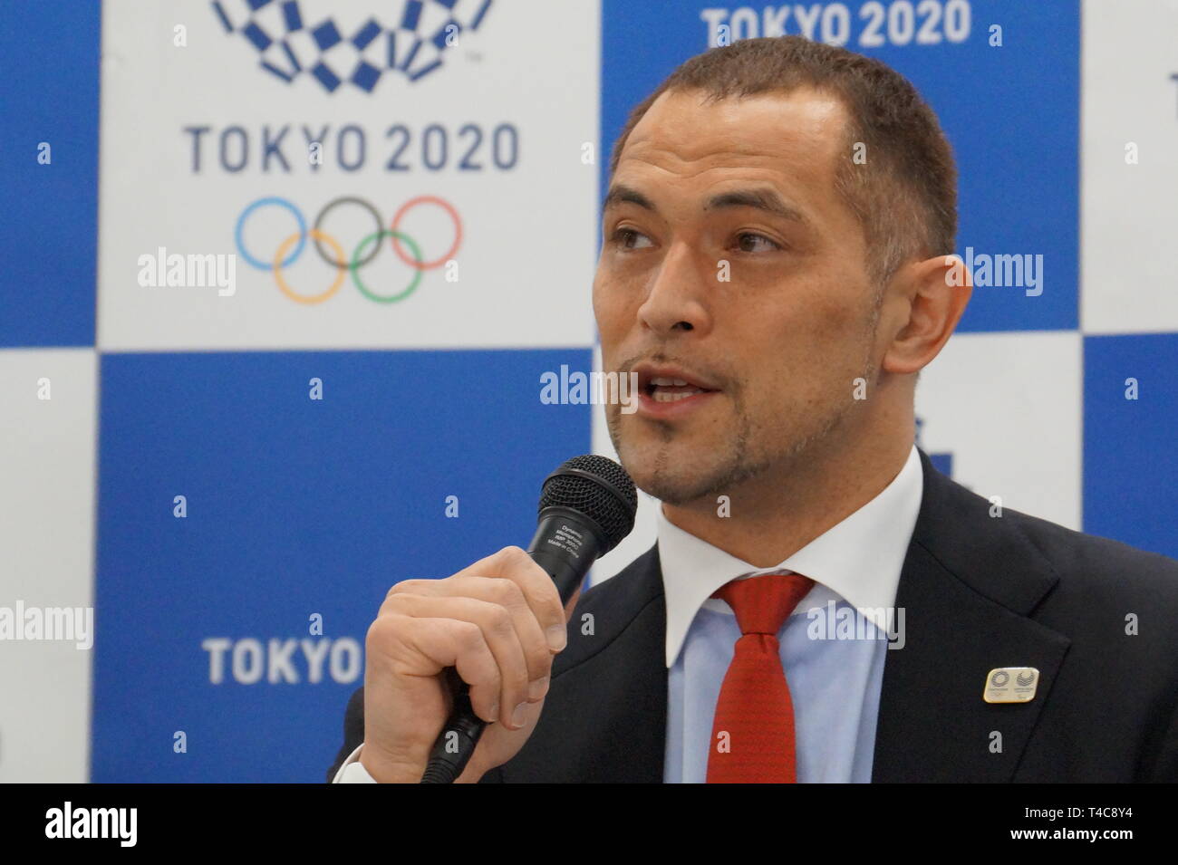 Tokyo, il Tokyo 2020 la competizione olimpica pianificare in Tokyo. Xvi Apr, 2019. Koji Murofushi, Tokyo 2020 Direttore Sportivo, parla nel corso di una conferenza stampa annunciando la dettagliata Tokyo 2020 Olympic programma di gara in Giappone a Tokyo il 16 aprile 2019. Credito: Shen Honghui/Xinhua/Alamy Live News Foto Stock