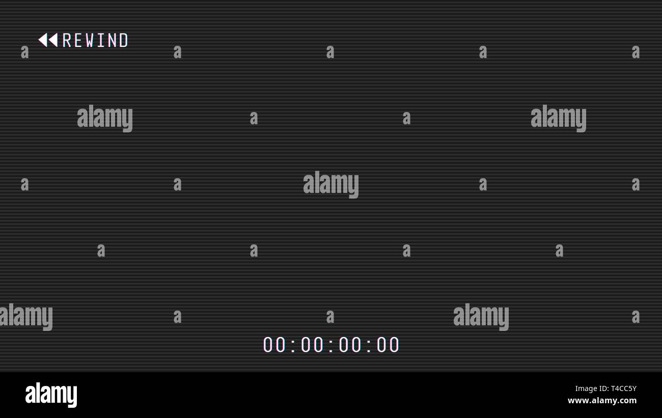 La telecamera video overlay di riavvolgimento. 16:9 Full HD formato frame modello. Il mirino della fotocamera frame template vettoriale. Le linee bianche e testo, rew icona con temporizzazione o Illustrazione Vettoriale