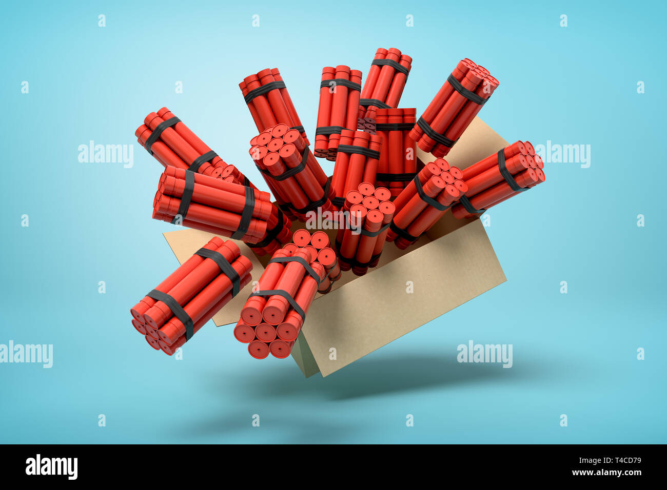 3D rendering di scatola di cartone piena di dinamite fasci a metà aria sulla luce-sfondo blu. Foto Stock