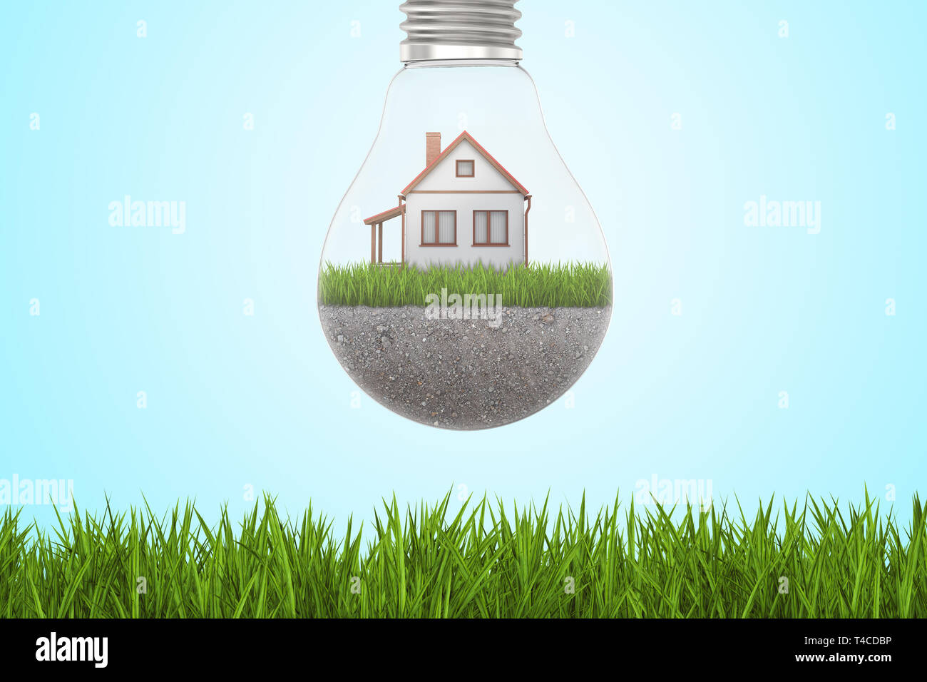 3D rendering della lampadina con casa sul prato verde e con la strada di ghiaia interno, appeso sopra l'erba verde su fondo azzurro. Foto Stock