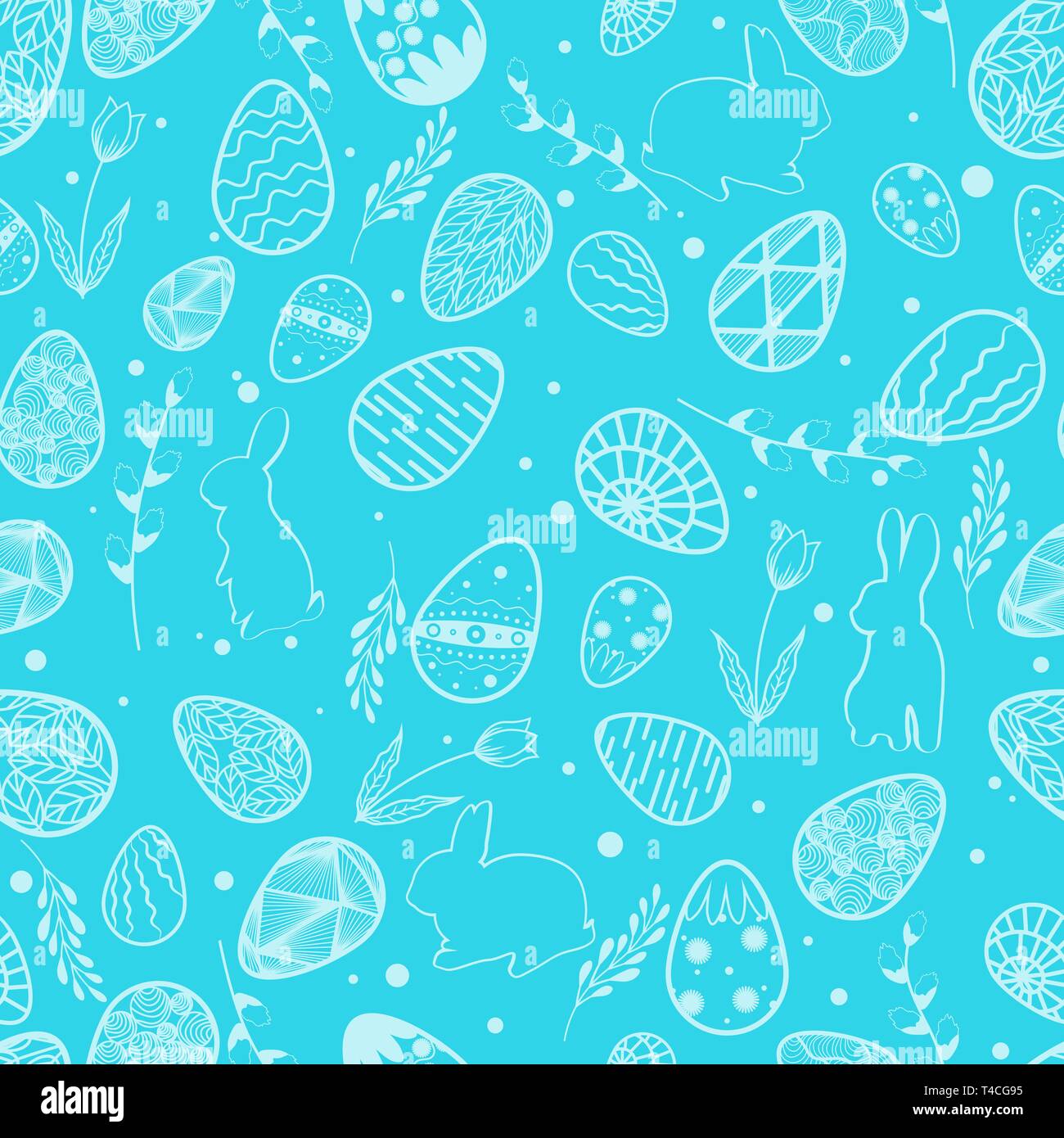 Illustrazione Vettoriale. Modello senza giunture. Uova di Pasqua. Foglie e ramo di salice. Coniglietto di pasqua. Scheda Sfondo blu Illustrazione Vettoriale