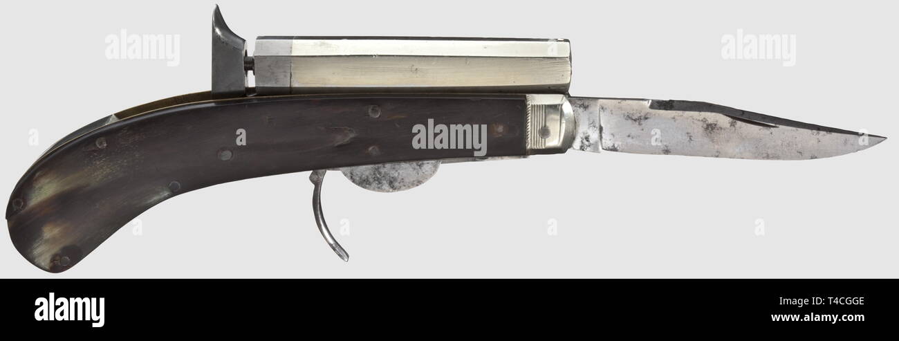 Piccole armi, pistole, coltelli da tasca caplock pistola calibro 6,5 mm, Unwin e Rodger, Sheffield, Inghilterra, circa 1870, Additional-Rights-Clearance-Info-Not-Available Foto Stock