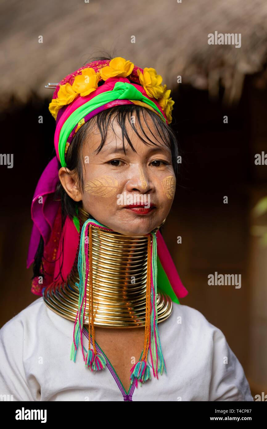 Padaung a collo lungo donna con collo in ottone anelli, ritratto, montanari, la gente di montagna, provincia di Chiang Rai, Thailandia del Nord della Thailandia Foto Stock