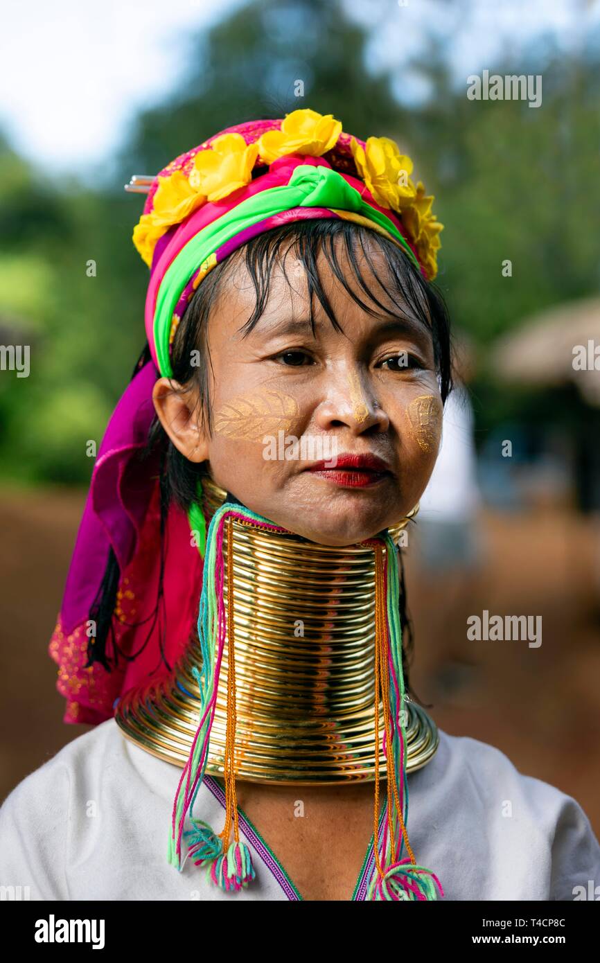 Padaung a collo lungo donna con collo in ottone anelli, ritratto, montanari, la gente di montagna, provincia di Chiang Rai, Thailandia del Nord della Thailandia Foto Stock