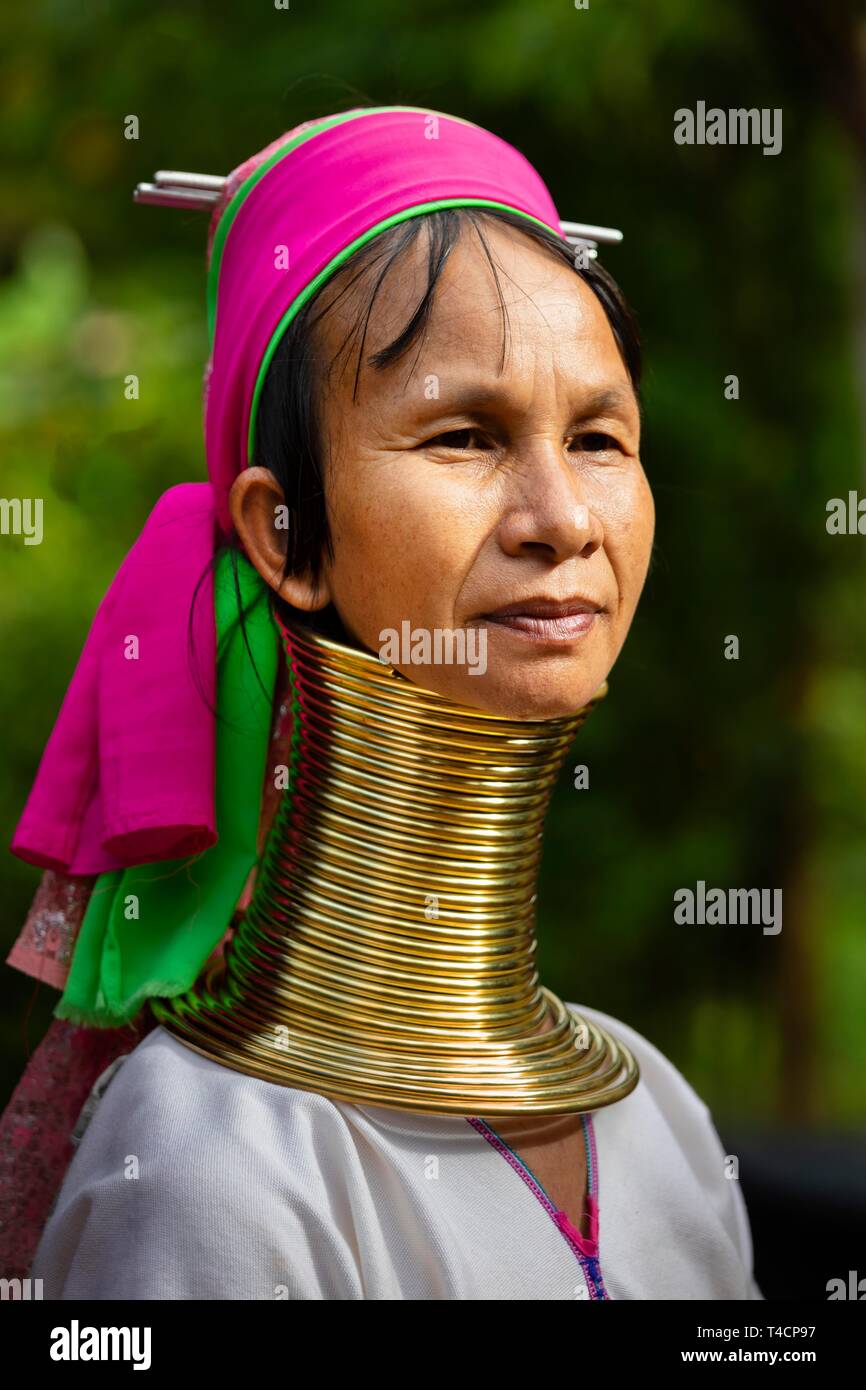 Lunga donna a collo alto con collo in ottone anelli, ritratto, donna della tribù Padaung, montanari, tribù di montagna, provincia di Chiang Rai, la Thailandia del Nord Foto Stock