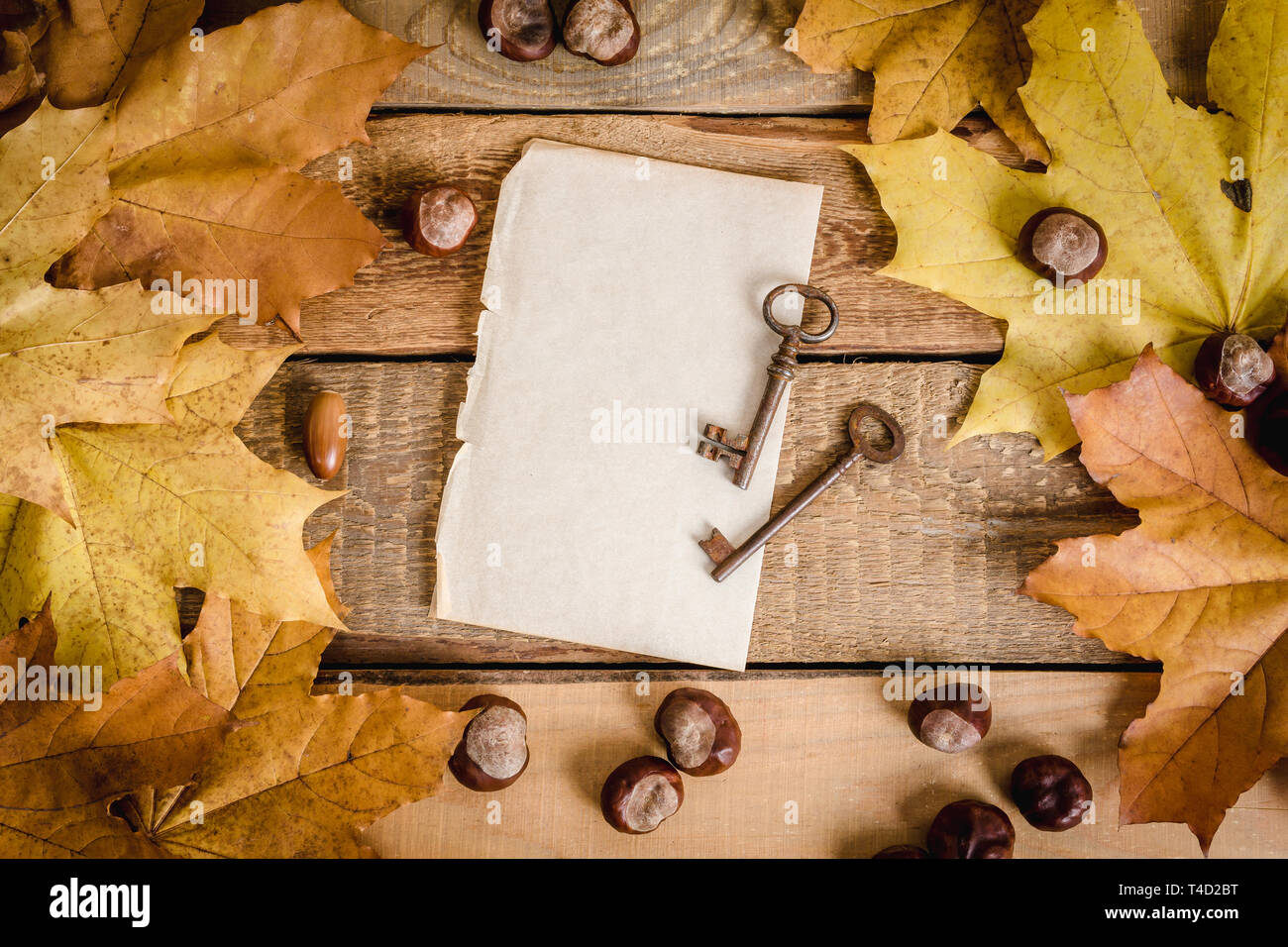 Carta bianca, vecchie chiavi e foglie di autunno su una tavola di legno Foto Stock