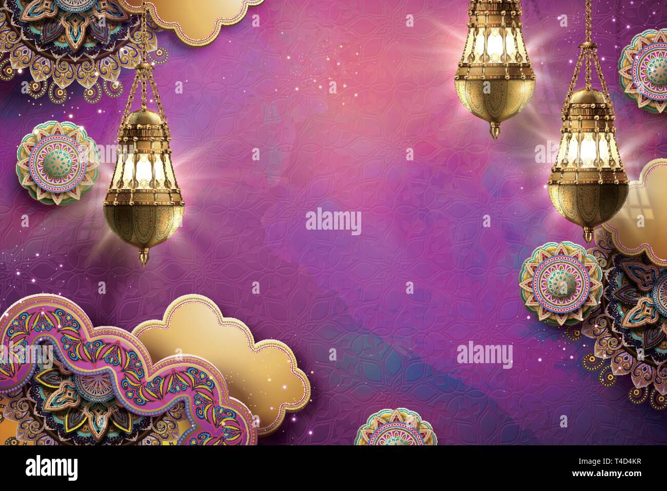 Arte islamica fuchsia colore di sfondo con arabeschi e lanterne pendenti Illustrazione Vettoriale