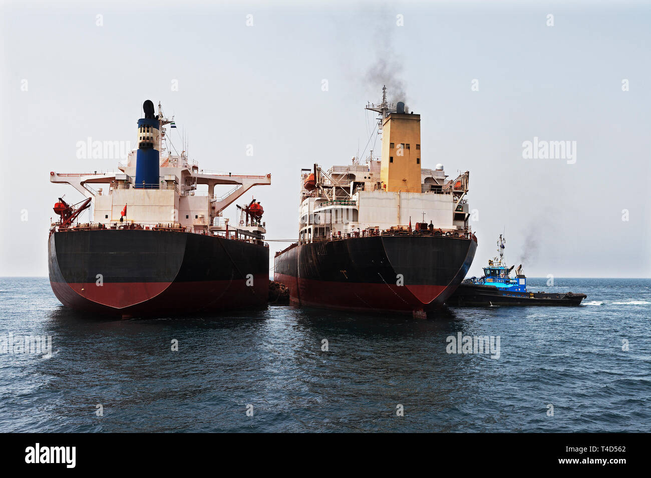 Operazioni portuali per la gestione e il trasporto di minerale di ferro. Il TGV transhipper disormeggio da OGV oceano nave andando funzionare dopo lo scarico di minerale di ammende in mare Foto Stock