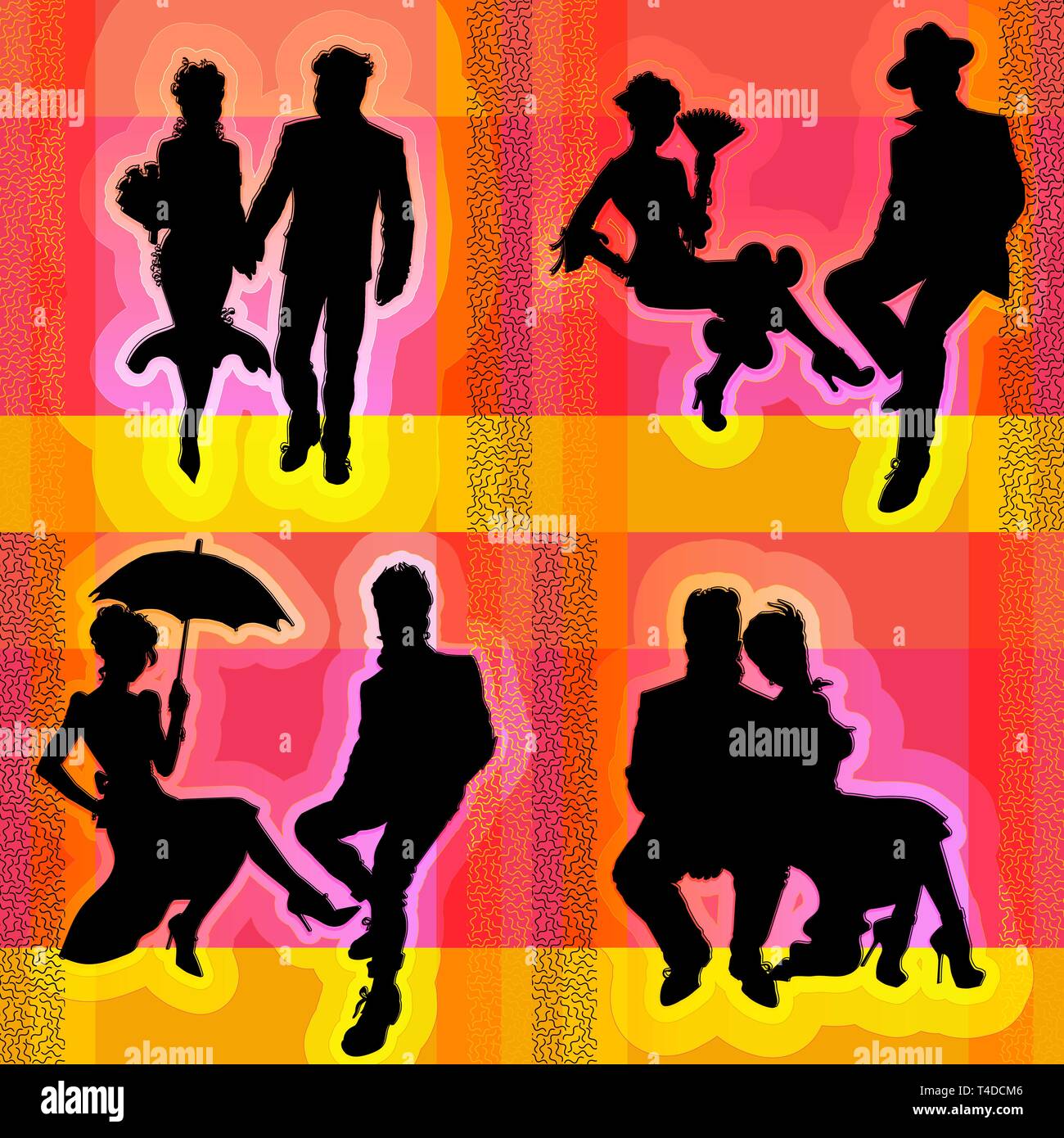 Raccolta di vettore di sagome sul tema del matrimonio. Uomini, donne, coppie seduti, in piedi e in movimento. In costumi di diversi stili. Modelli Illustrazione Vettoriale