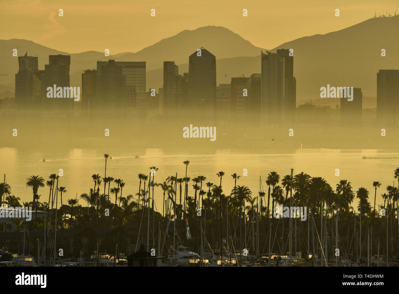 Calma sunrise, mascherato da strato di nebbia, su San Diego skyline, a nord di San Diego Bay e barche a vela ormeggiata off Shelter Island, California, Stati Uniti d'America Foto Stock