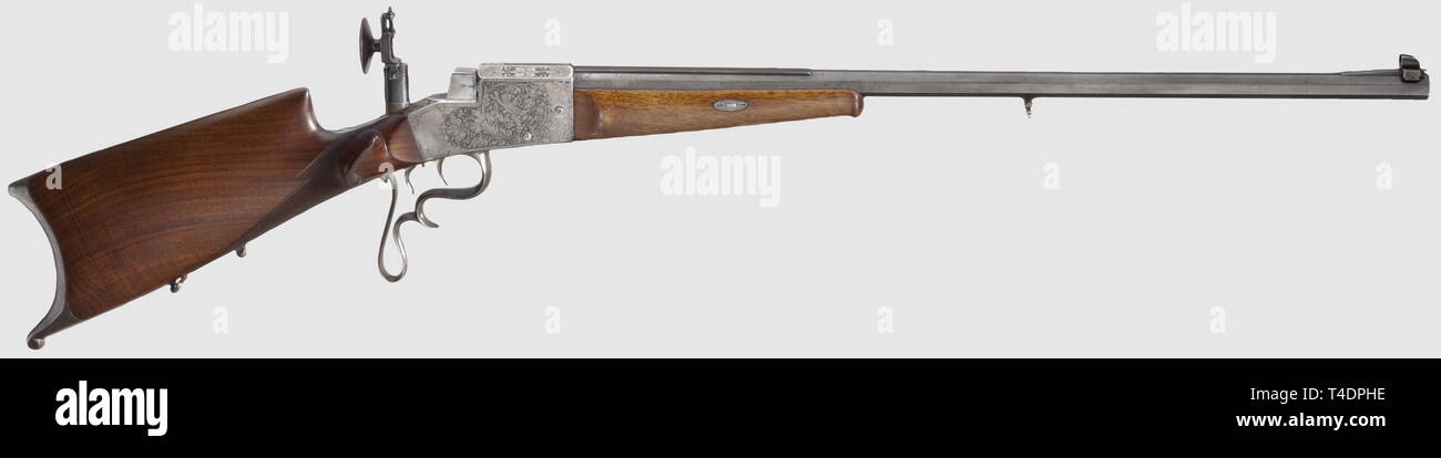 Un tedesco carabina sportive, E. Brauer in Ludwigslust 1924. cal. 8.15 x 46 R, n. 5747. Canna ottagonale con simili a specchio, alesaggio corona proofmark/'BU' 9/24, "GUSSSTAHL KRUPP ESSEN', Brauer firma, vista. Aydt azione esterna con eiettore migliorato, il suo elemento di contatto a caso rim viene eseguito in una staccata la guida più impostare trigger, la parte superiore del ricevitore firmato in oro 'HAENEL AYDT ORIGINALE', foglie di vite incisioni, tra di esse che sul lato destro del caso un cherubino con una corona di alloro nella sua mano destra. Azionario tedesco, correttamente rettificate, chequ, Additional-Rights-Clearance-Info-Not-Available Foto Stock Un tedesco carabina sportive, E. Brauer in Ludwigslust 1924. cal. 8.15 x 46 R, n. 5747. Canna ottagonale con simili a specchio, alesaggio corona proofmark/'BU' 9/24, "GUSSSTAHL KRUPP ESSEN', Brauer firma, vista. Aydt azione esterna con eiettore migliorato, il suo elemento di contatto a caso rim viene eseguito in una staccata la guida più impostare trigger, la parte superiore del ricevitore firmato in oro 'HAENEL AYDT ORIGINALE', foglie di vite incisioni, tra di esse che sul lato destro del caso un cherubino con una corona di alloro nella sua mano destra. Azionario tedesco, correttamente rettificate, chequ, Additional-Rights-Clearance-Info-Not-Available Foto Stock