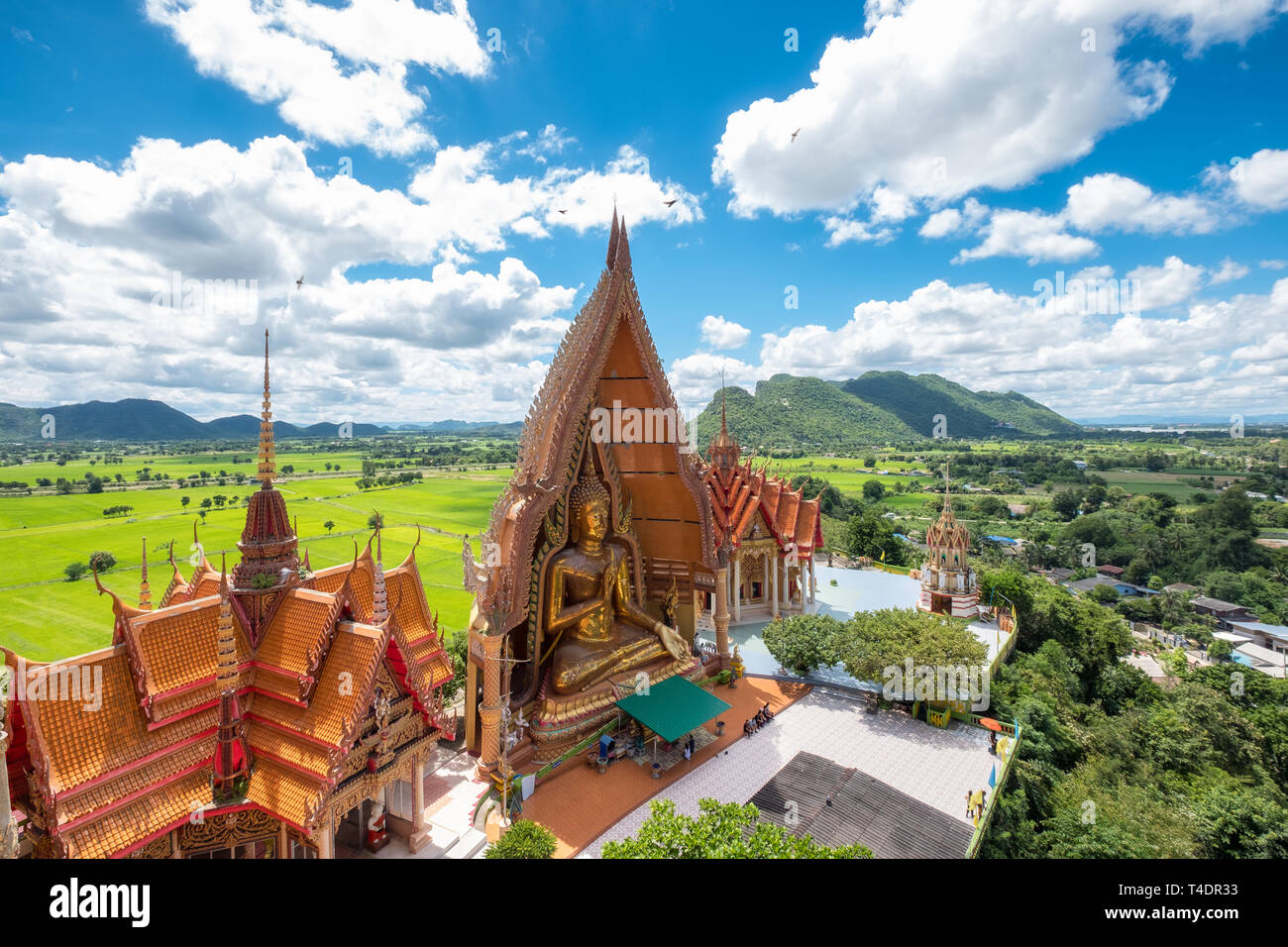 Al di sopra di vista di golden chiesa con grande statua del Buddha e campo di riso in Wat Tham Sua tempio, Kanchanaburi Thailandia Foto Stock