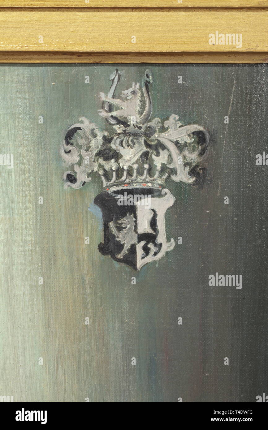 Un dipinto a olio di Generalmajor Kurt von Lupin, vincitore del "Pour le Mérite' Ordine. Olio su tela ritratto di von Lupin in un uniforme Generalmajor della Reichswehr, indossando il "Pour le Mérite' Ordine, la Prussia Hohenzollern house e alcune medaglie di Württemberg. Il nobile stemma dei von lupini è impostato in nero e argento nell'angolo superiore destro. Firmato "C. Domberger, Oktober 1938" in basso a destra. Dimensioni con telaio 74 x 89 cm. Von Lupin era il comandante del reggimento della 123Granatiere reggimento "Re Karl', e lui , Additional-Rights-Clearance-Info-Not-Available Foto Stock
