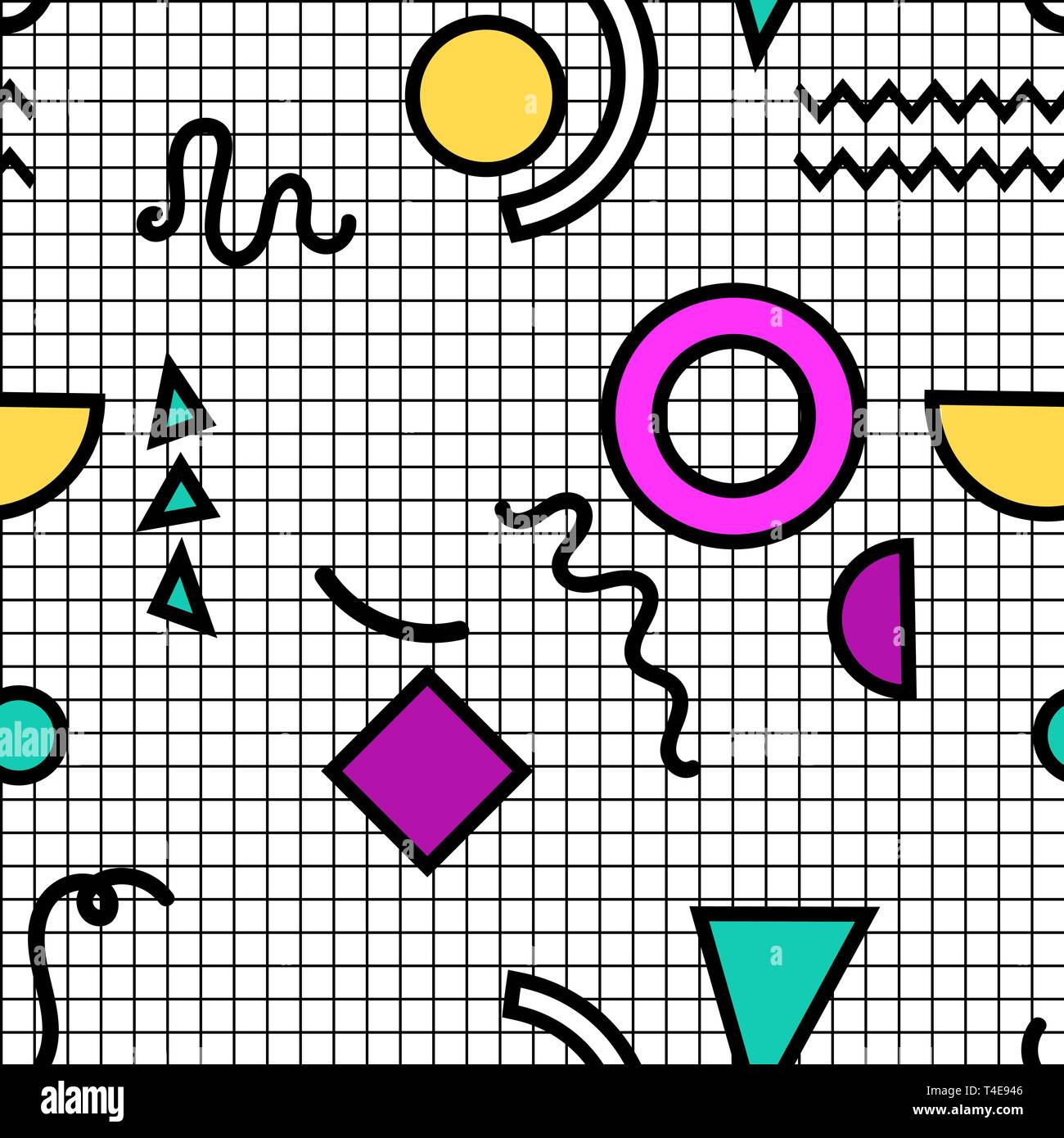 Memphis seamless pattern di forme geometriche per il tessuto e cartoline, 80s stile su sfondo teal Illustrazione Vettoriale