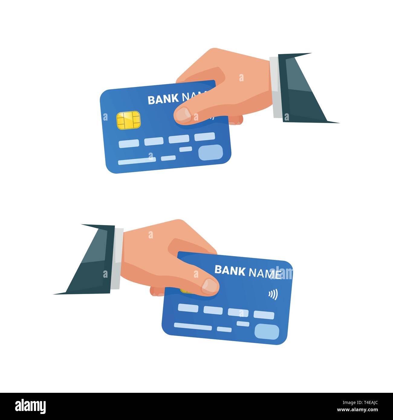 Mani tenendo le carte bancarie. Imprenditore isolato tenendo la carta di credito. Mano con NFC il pagamento con carta di credito. Carta di credito contactless con tecnologia di pagamento. Illustrazione Vettoriale