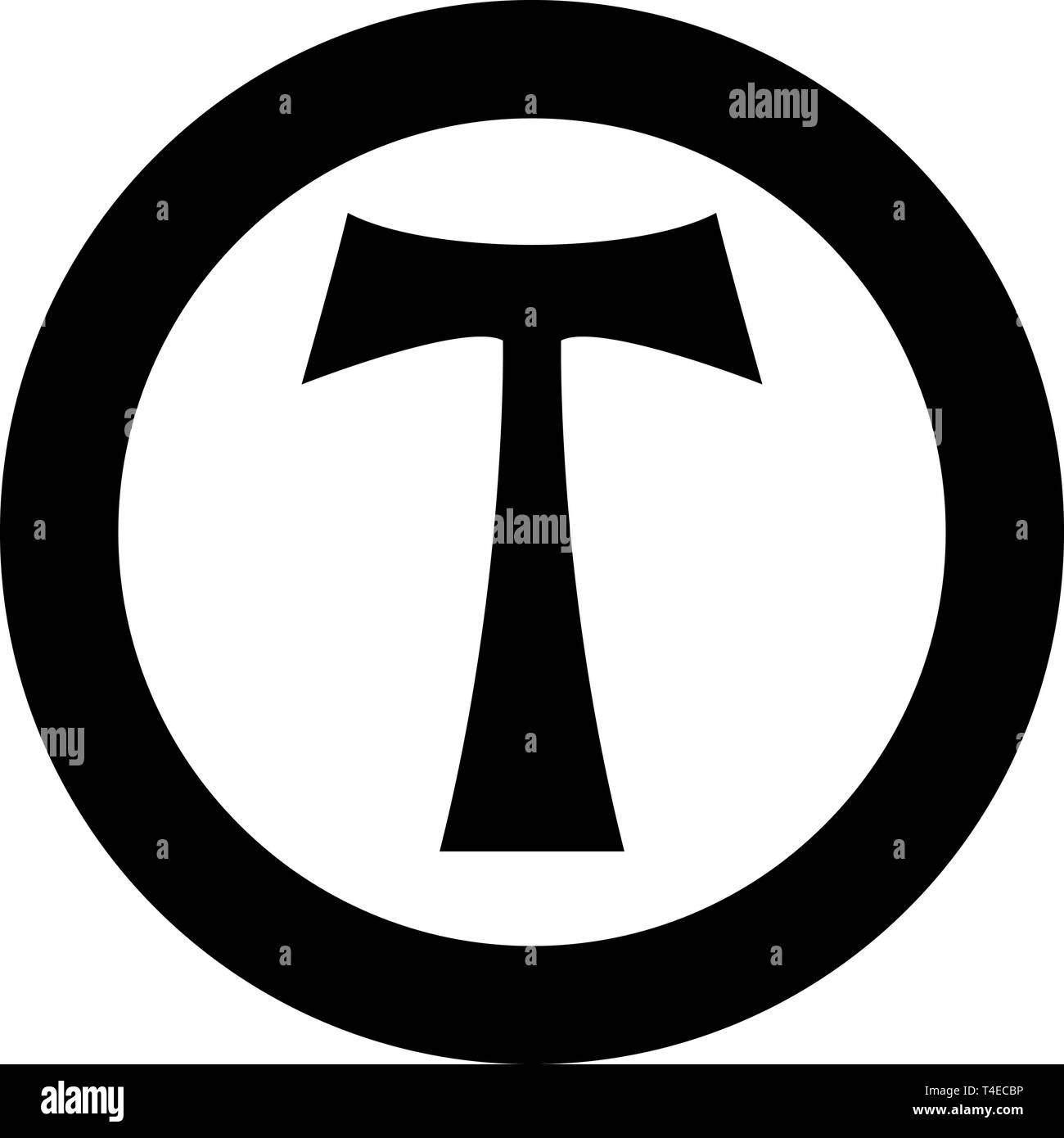 Croce monogramma simbolo T San Antonio Apostolo segno religioso icona a forma di croce in cerchio intorno il colore nero illustrazione vettoriale stile piatto semplice immagine Illustrazione Vettoriale