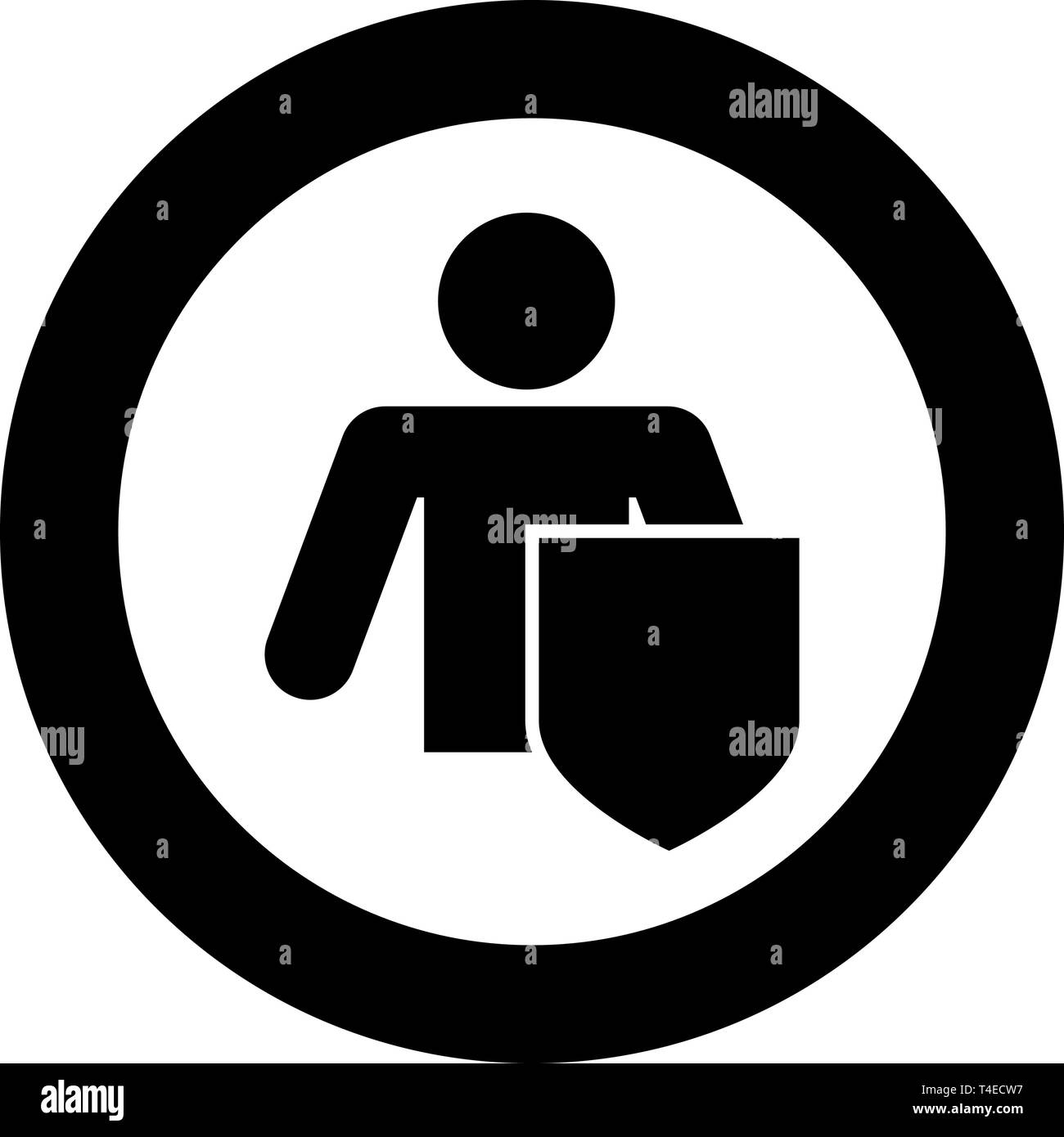 Stick uomo con scudo per la protezione dei dati personali concetto uomo con protezione per attacco riflettente protetti da attacchi idea icona nel cerchio nero rotondo Illustrazione Vettoriale