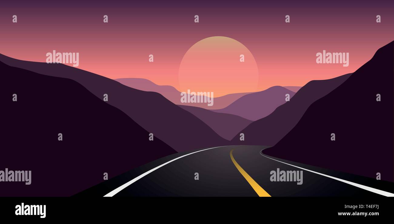 Asfalto autostrada tra le montagne di sunrise travel paesaggio illustrazione vettoriale EPS10 Illustrazione Vettoriale