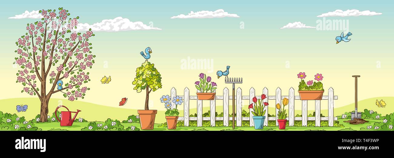 Panorama del paesaggio di primavera con utensili da giardinaggio. Disegnare a mano illustrazione vettoriale. Illustrazione Vettoriale