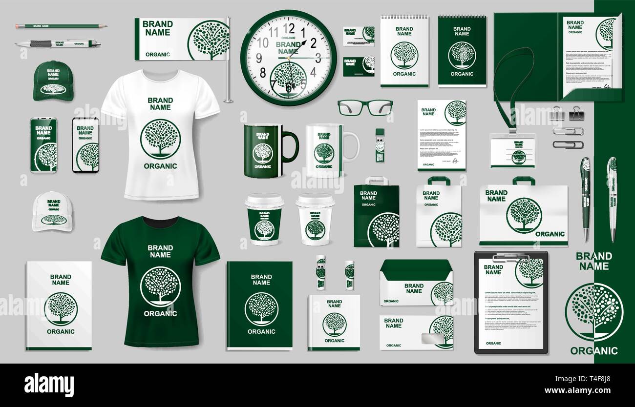 Branding corporate identity design modello. Eco moderna di cancelleria per ufficio mockup set. Stile organico di cartoleria e di documentazione per il vostro marchio Illustrazione Vettoriale