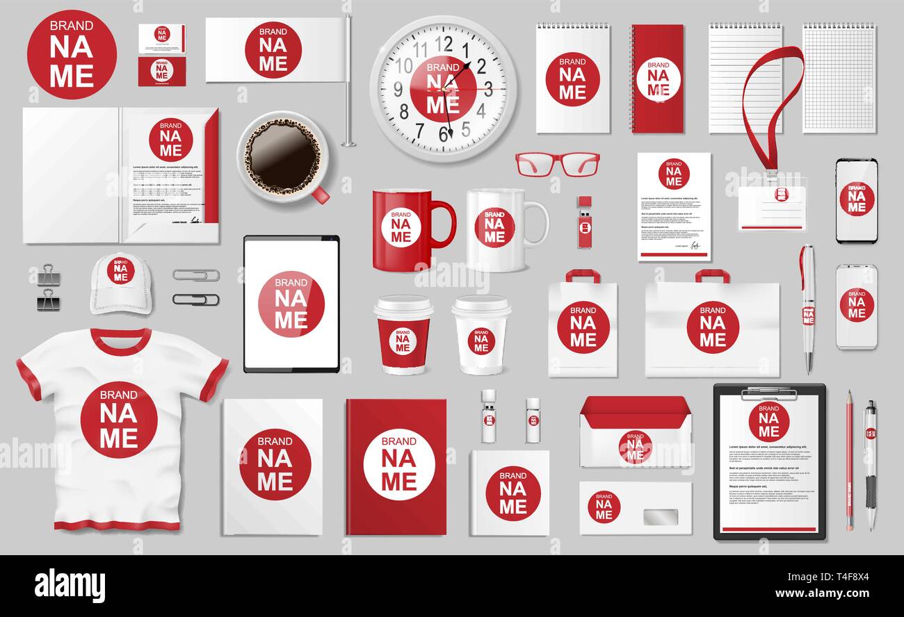 Branding corporate identity design modello. Cartoleria moderna mockup per il negozio con la moderna struttura blu. Business moderno stile rosso e articoli di cancelleria Illustrazione Vettoriale