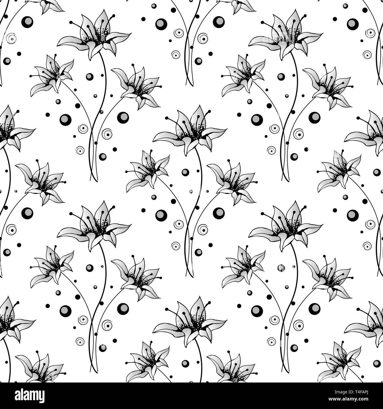 Bellissima seamless con sfondo nero monocromatico e fiori bianchi. Disegnate a mano le linee di contorno e ictus. Illustrazione Vettoriale