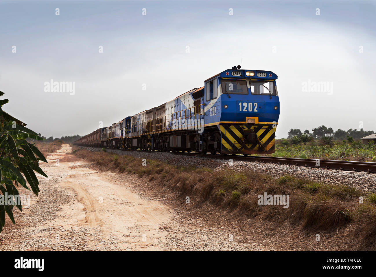 Rail & Port per le operazioni di gestione e il trasporto di minerale di ferro. Ore di treno sulla raddrizzati e manomesso binario curva di linea - in modo che il taglio di tempi di viaggio. Foto Stock