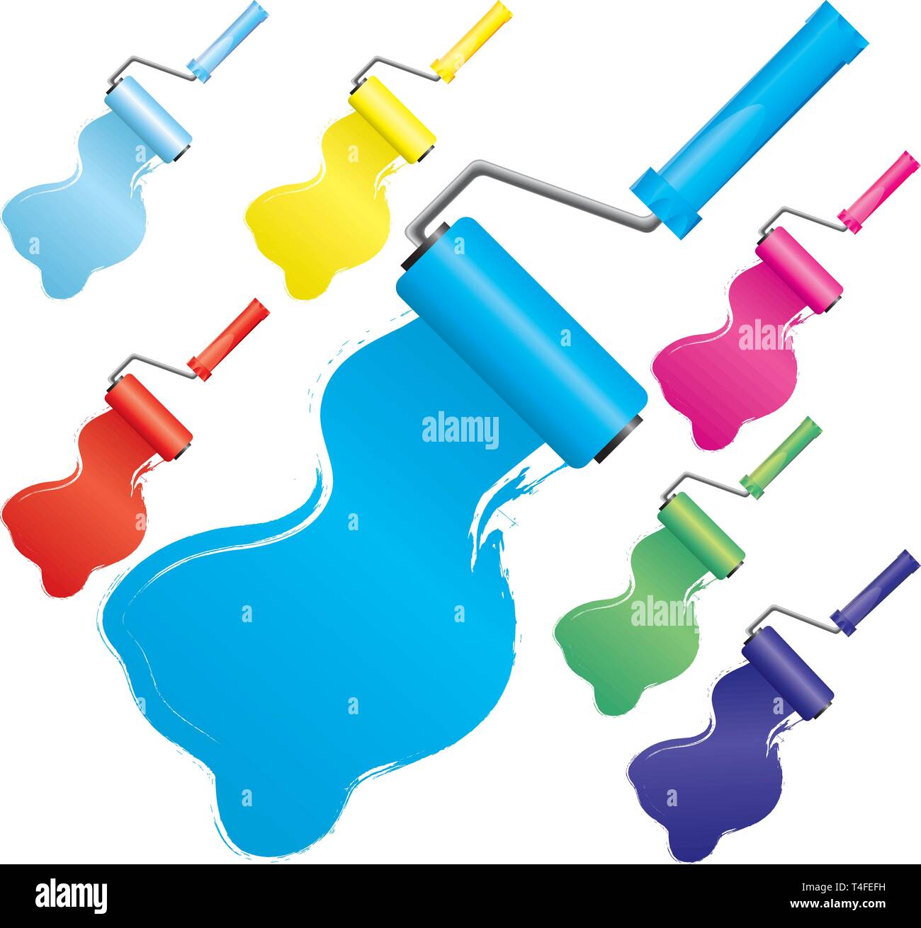 Set di vernice colorata spazzole a rullo, parte 2, illustrazione vettoriale. Include i colori:blu, azzurro, blu, giallo, rosso, rosa, verde. Illustrazione Vettoriale