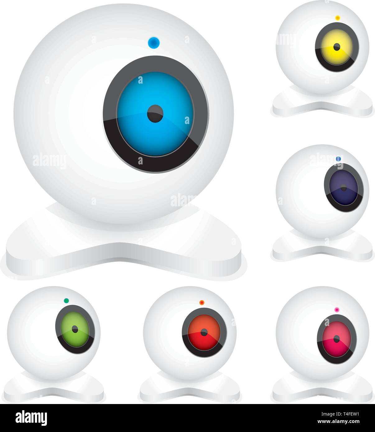 Serie di webcam bianco con luci luminose in posizione differeny, parte 4, isolato su bianco, illustrazione vettoriale Illustrazione Vettoriale