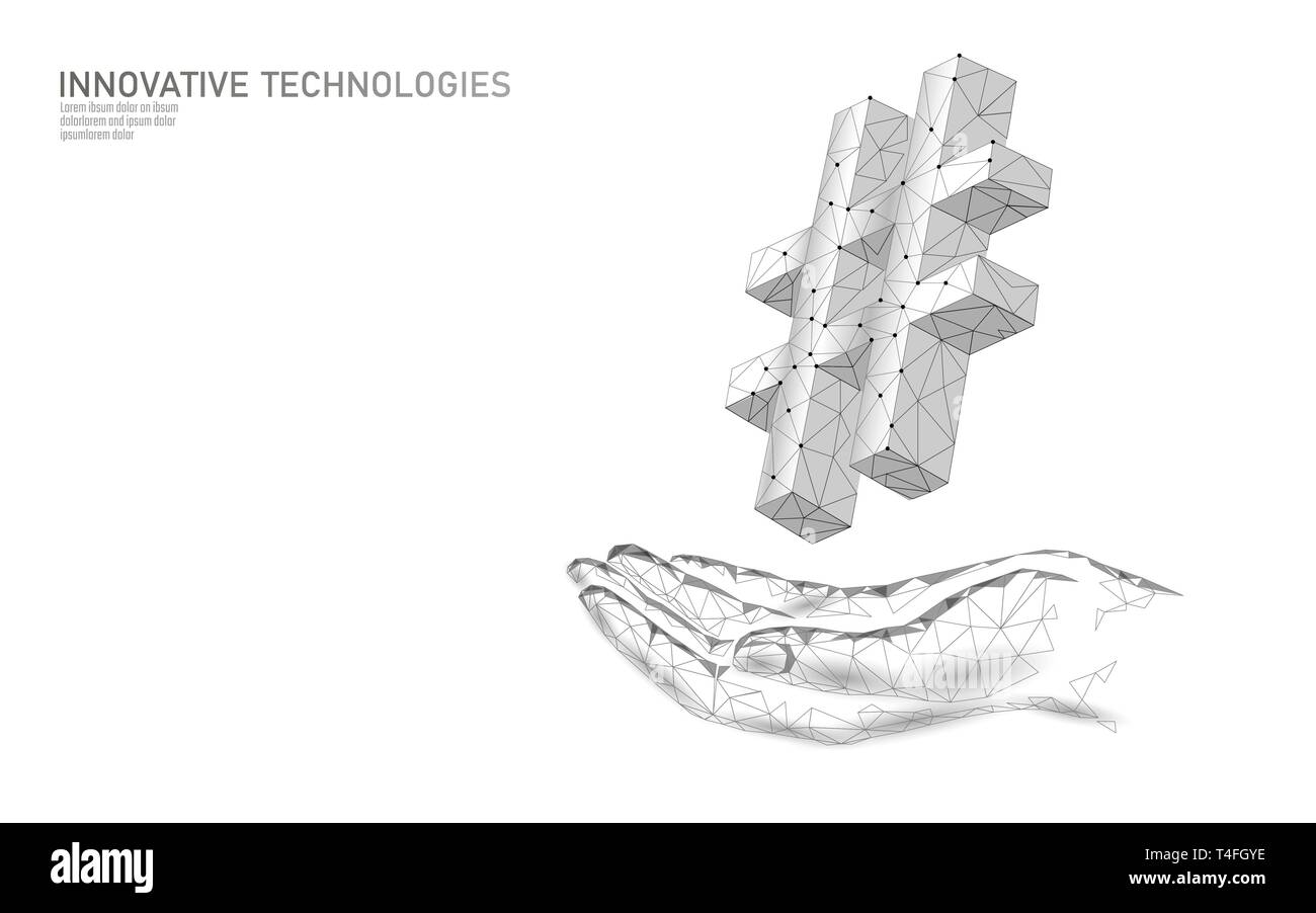 3D hashtag simbolo bianco neutrale bassa poli. La comunicazione online di social media share posti di ricerca. Informazioni innovazione tecnologia web sul vettore a mano Illustrazione Vettoriale