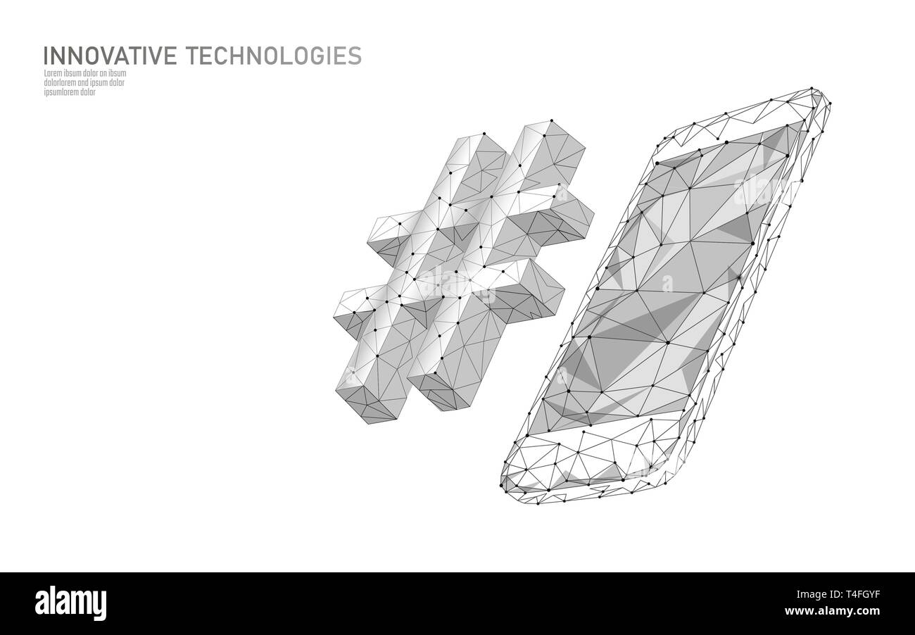 3D hashtag simbolo bianco neutrale bassa poli. La comunicazione online di social media share posti di ricerca. Informazioni innovazione tecnologia web smartphone Illustrazione Vettoriale