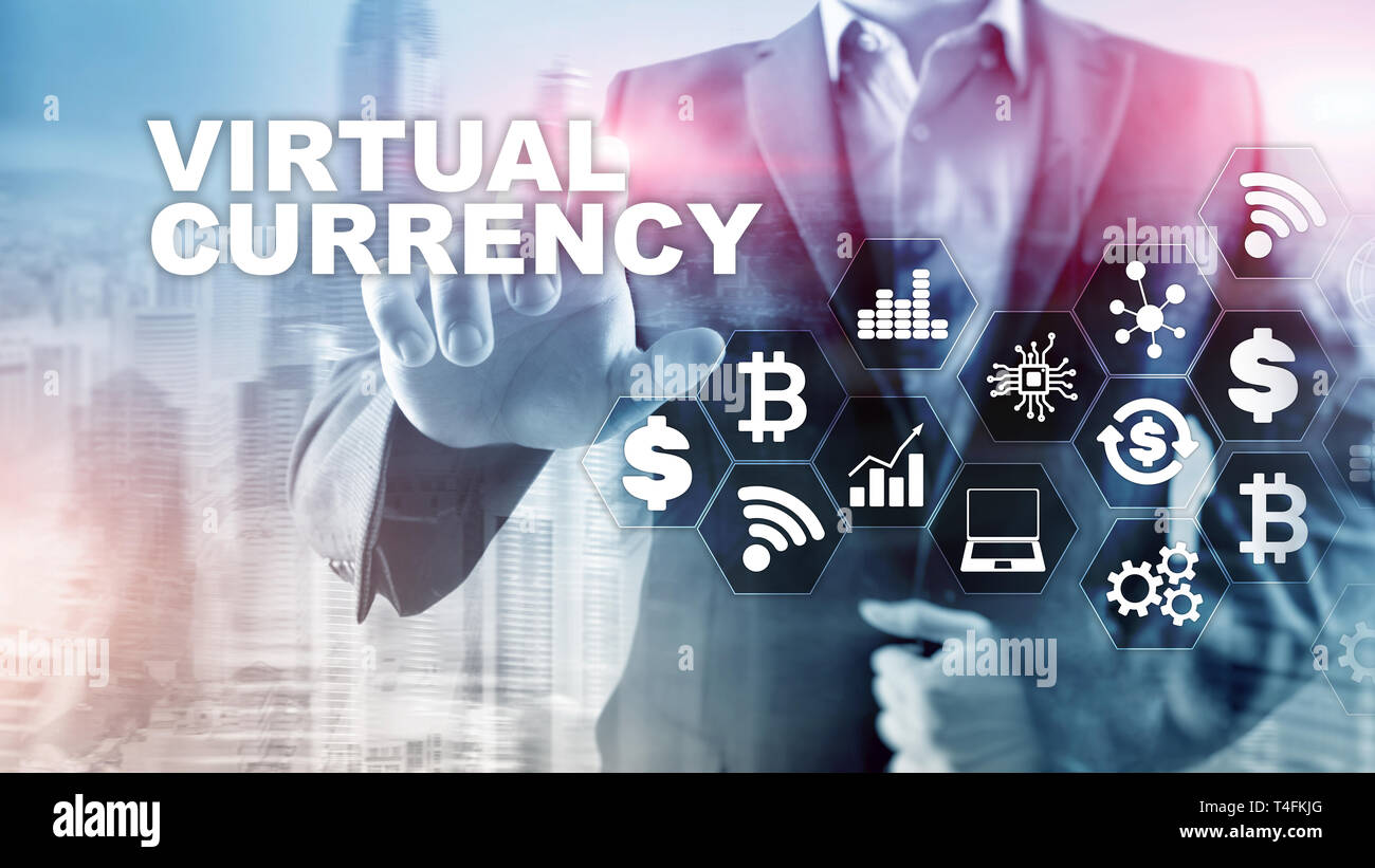 Moneta virtuale Exchange, il concetto di investimento. Simboli di valuta su uno schermo virtuale. La tecnologia finanziaria dello sfondo. Foto Stock