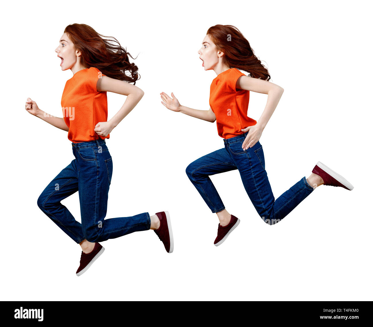 Collage di felice lo zenzero donna in maglietta e jeans jumping. Foto Stock
