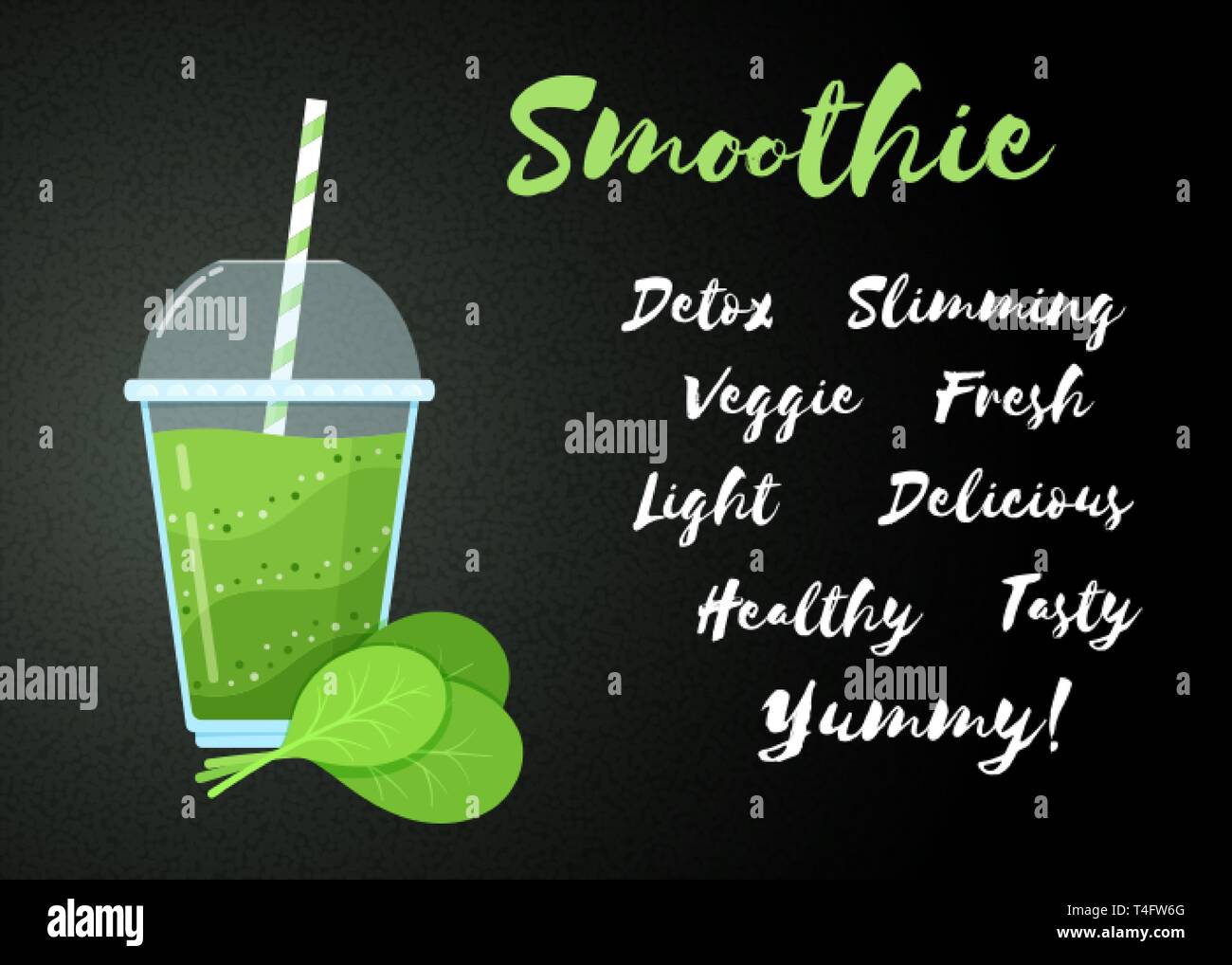 Verde frullato vegetale vitamina bere illustrazione vettoriale. Grande cartello Smoothie su sfondo nero, vetro, foglie di spinaci, riempito con sani frullati verde cocktail per bere l'energia landing page Illustrazione Vettoriale