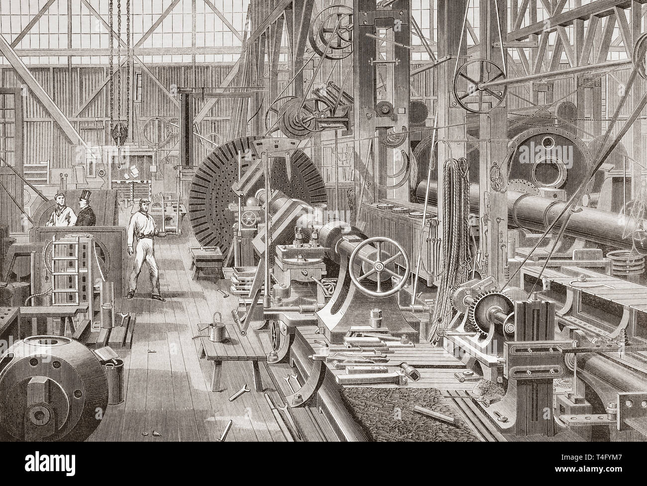 Penn motore marino fabbrica, Greenwich, Londra, Inghilterra del XIX secolo. Girare una manovella assale. Dal Illustrated London News, pubblicato 1865. Foto Stock