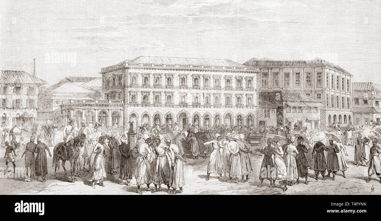 La nuova banca orientale e di quota di mercato, Bombay, India, 1865. Dal Illustrated London News, pubblicato 1865. Foto Stock