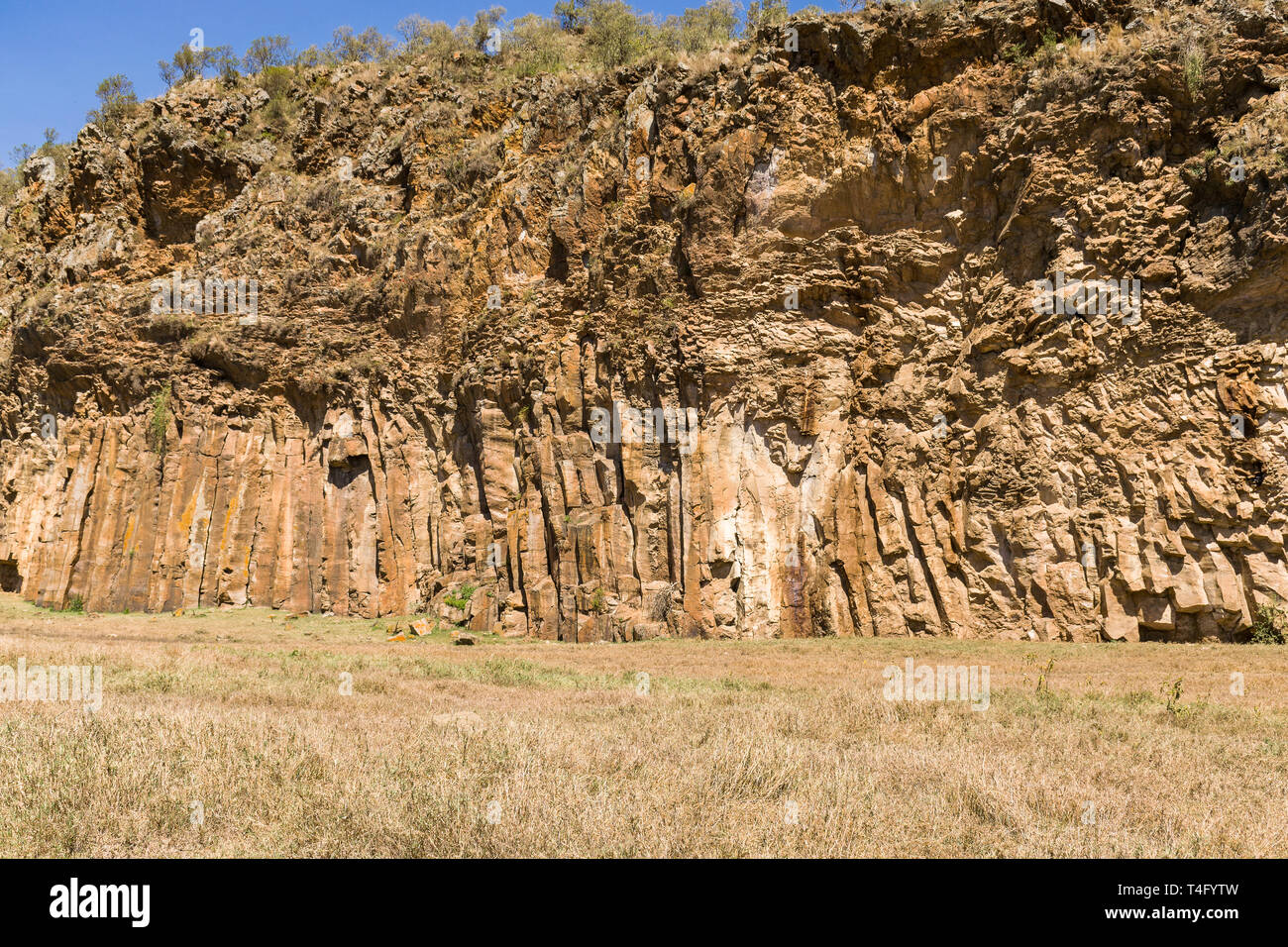 Colonne di basalto e geologia vulcanica formando scogliere, Hells Gate National Park, Kenya Foto Stock