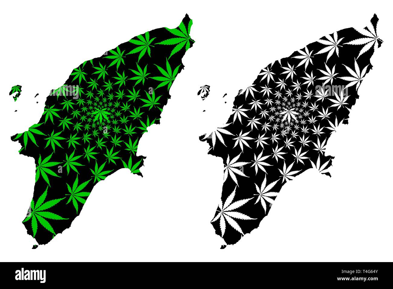 Rodi - Mappa è progettato Cannabis leaf verde e nero, l' isola di Rodi mappa fatta di marijuana (marihuana,THC) Fogliame, Illustrazione Vettoriale