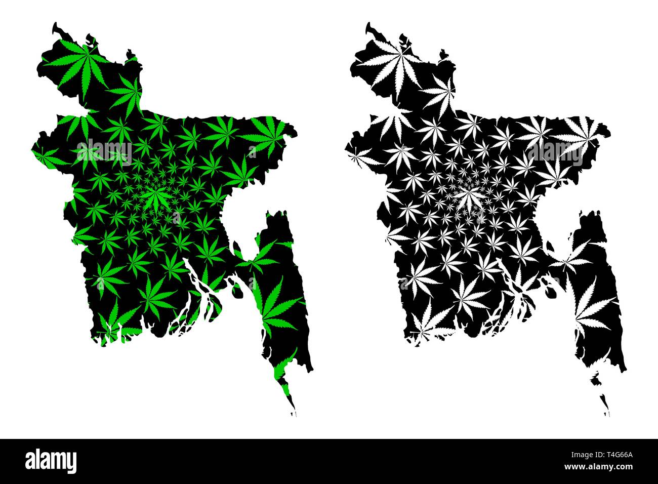Bangladesh - Mappa è progettato Cannabis leaf verde e nero, Repubblica Popolare del Bangladesh mappa fatta di marijuana (marihuana,THC) Fogliame, Illustrazione Vettoriale