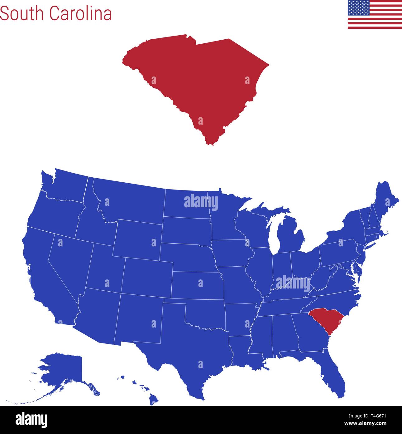 Stato della Carolina del Sud è evidenziata in rosso. Vettore blu mappa degli Stati Uniti diviso in diversi Stati. Mappa degli STATI UNITI D'AMERICA suddiviso in individuale Illustrazione Vettoriale