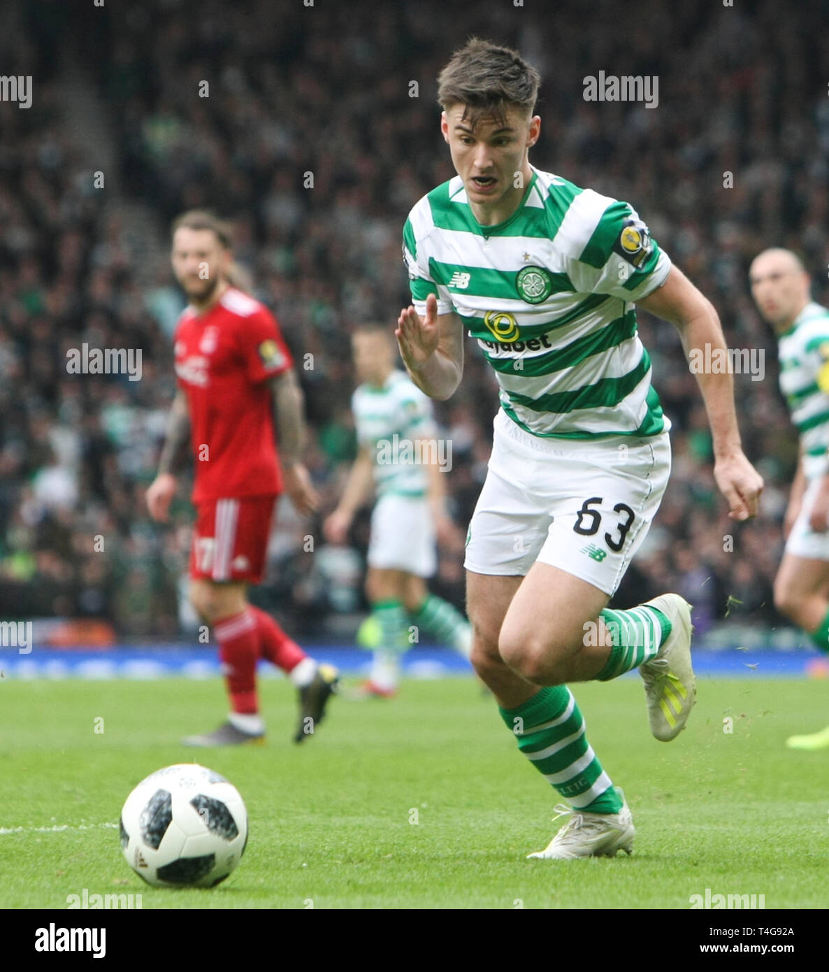 Glasgow, Scozia - aprile 14. Kieran Tierney di Celtic durante la William Hill Coppa Scozzese semi finale tra Celtic e Aberdeen Foto Stock