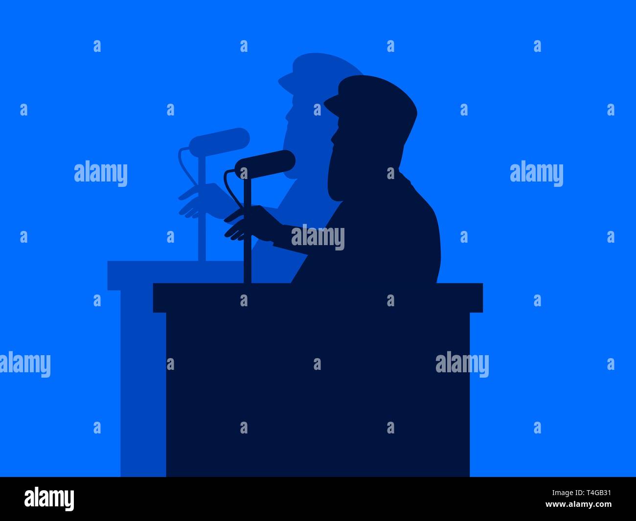 Un uomo parla nel microfono da podio. Discorso dell'altoparlante, il dittatore militare. La sagoma di un uomo con un'ombra. Illustrazione Vettoriale Illustrazione Vettoriale
