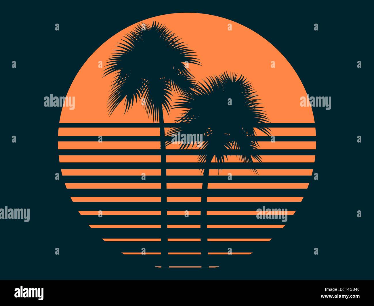 Alberi di palma tropicali in sun. Tramonto d'estate. Print design per t-shirt. Illustrazione Vettoriale Illustrazione Vettoriale