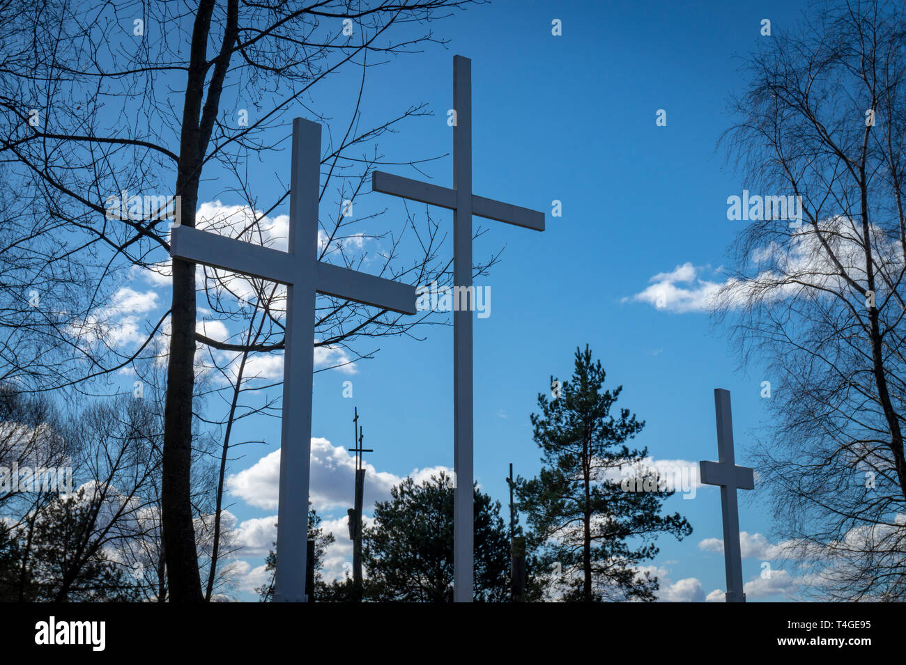 Tre croci nel bosco di alberi contro un nuvoloso cielo blu simbolica della Pasqua e della crocifissione di Cristo e la resurrezione visto closeup angolo basso Foto Stock