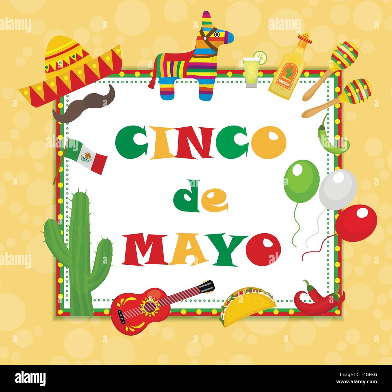 Cinco de Mayo greeting card, modello per volantini, poster, invito. Festa messicana con simboli tradizionali. Illustrazione Vettoriale. Illustrazione Vettoriale