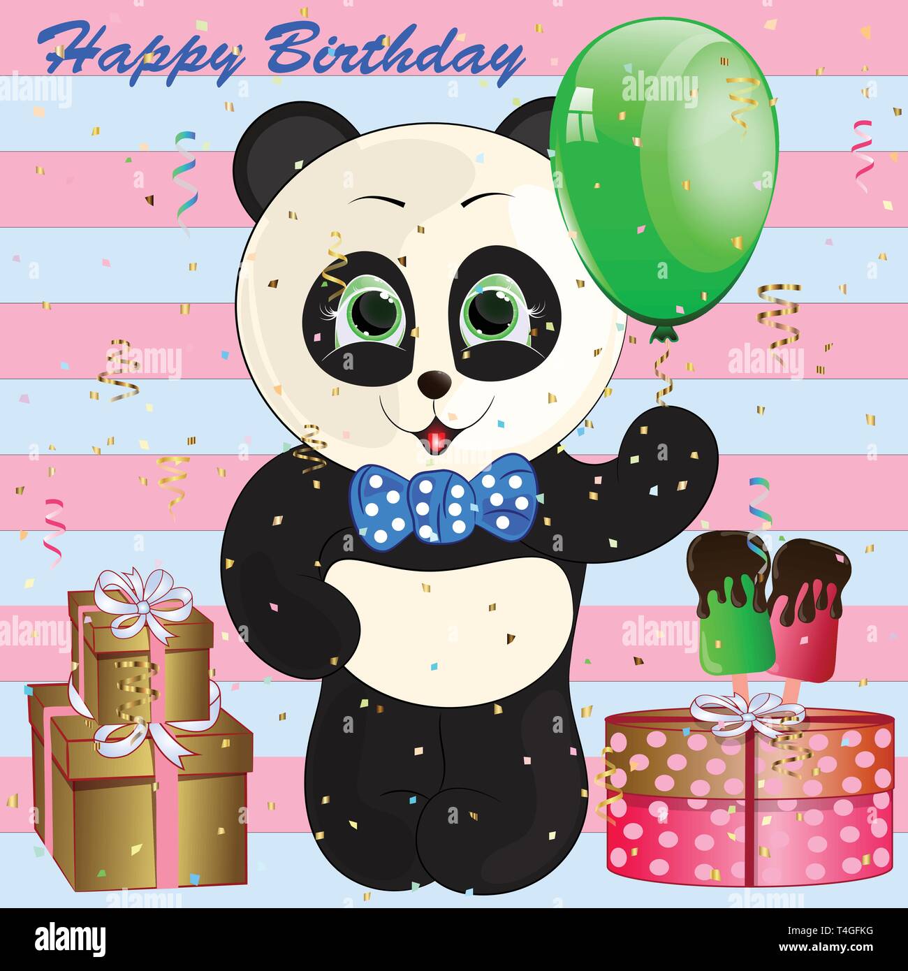 Funny cartoon panda con pallone aerostatico. compleanno bigliettino. illustrazione vettoriale. Illustrazione Vettoriale