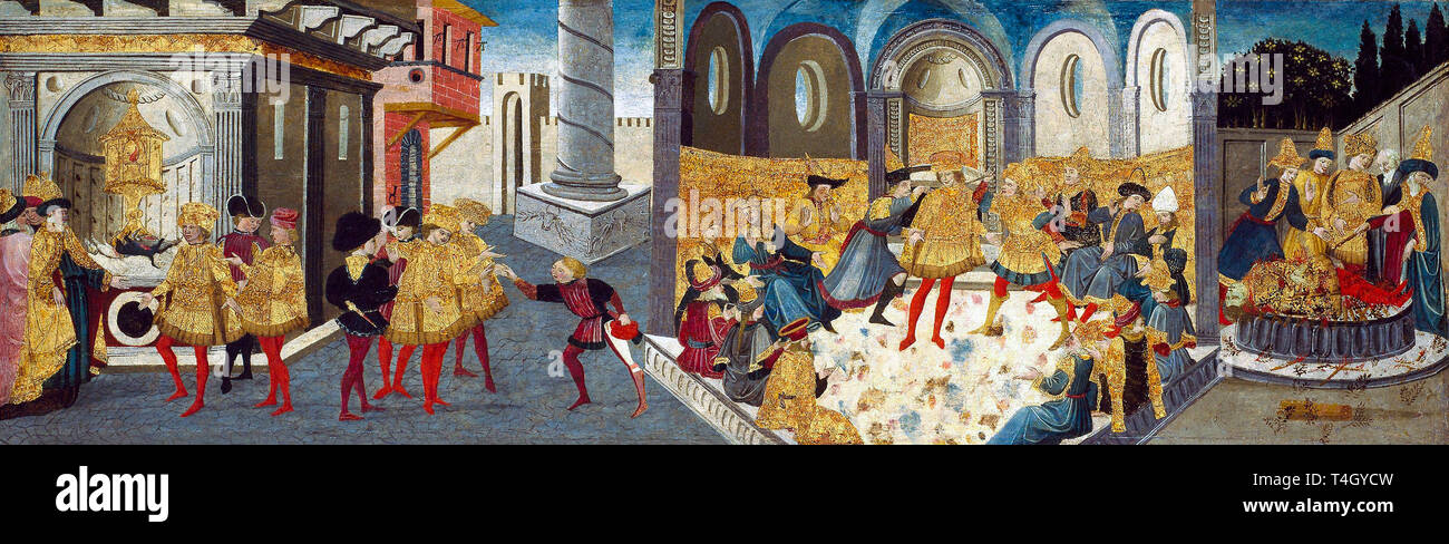 L'assassinio e il funerale di Giulio Cesare, pittura, c. 1455 Foto Stock