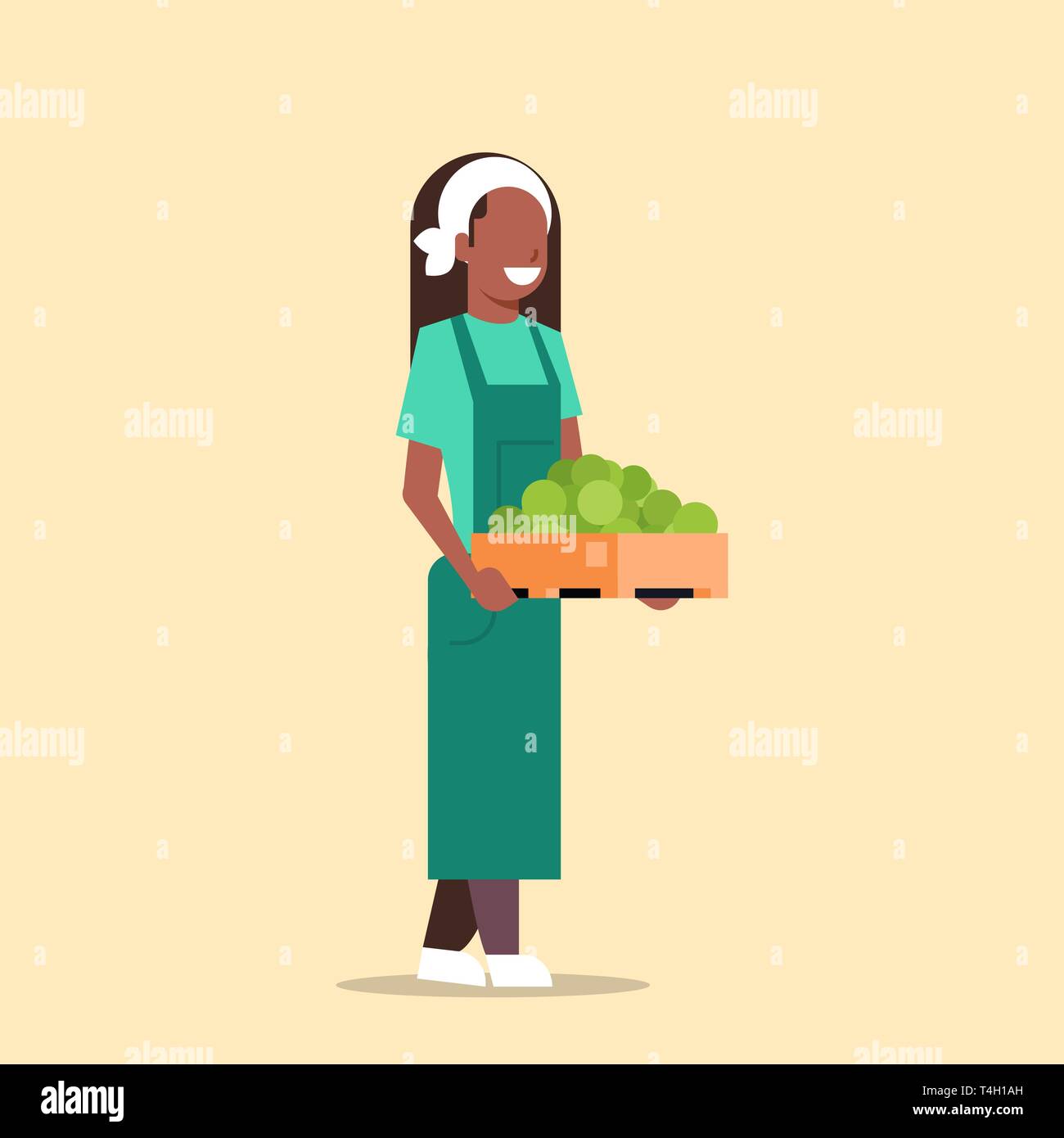 L'agricoltore femmina Holding la scatola verde con mele mature african american donna raccolta di frutti lavoratore agricolo eco concetto di agricoltura piana di lunghezza completa Illustrazione Vettoriale